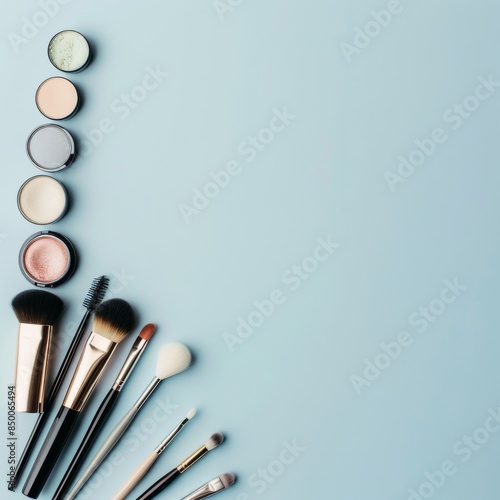 Makeup essentials arranged neatly with space for promotional text.