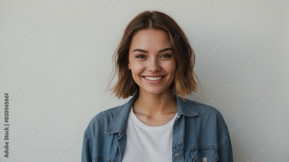 Portrait of young happy white brunette woman smiling standing in front of blank white wall looks in camera Portrait of young happy white brunette woman smiling standing in front of blank white wall looks in camera