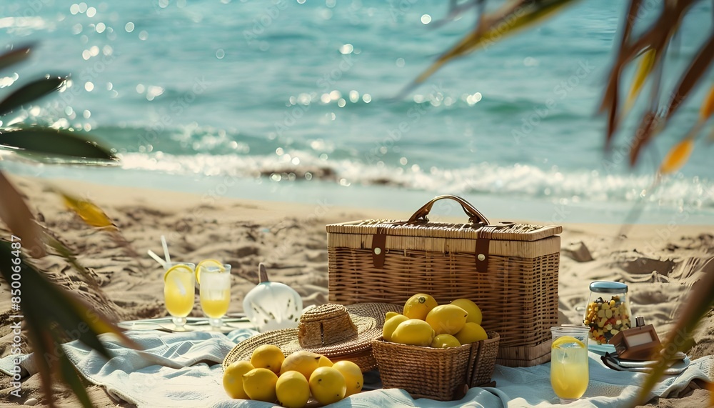 Fototapeta premium picnic at the beach, table on the beach, fruit lemons, bamboo basket suitcase, cocktail, sea water, sunshine, natural light