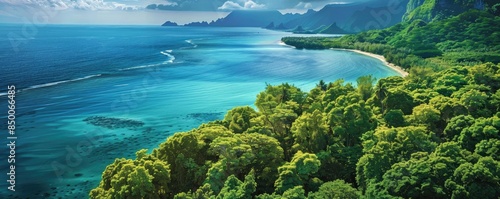 Beautiful tropical coastline with lush greenery, turquoise waters, and distant mountains under a partly cloudy sky. Perfect travel destination. © Jiraporn