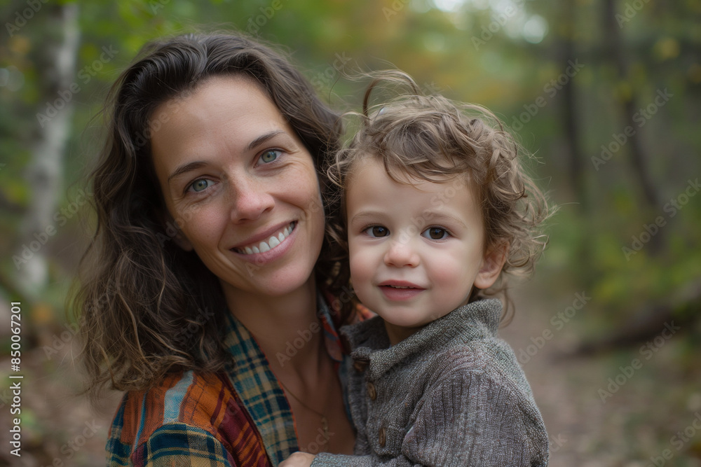 A smiling mother holds her toddler in a lush, green forest. Their happy expressions and the natural surroundings highlight the joy and beauty of their close relationship A smiling mother holds her toddler in a lush, green forest. Their happy expressions and the natural surroundings highlight the joy and beauty of their close relationship