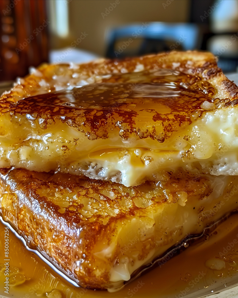 A plate of french toast with syrup on it. A plate of french toast with syrup on it.