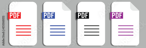 collection of pdf icons | pdf icon sheet | black, white and red pdf and paper symbols with different corners. Vector Illustration.	