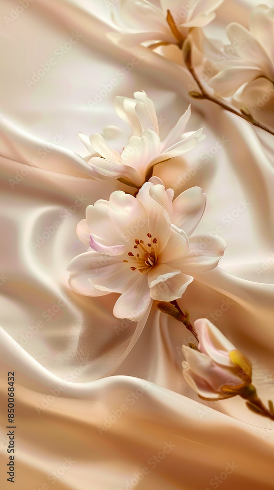 Obraz premium A white flower on a silk background.