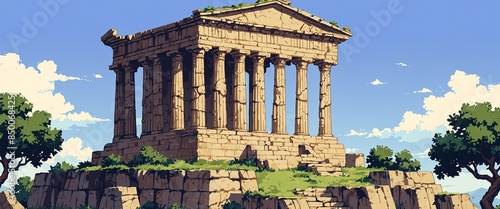 2d pixel art of ancient greek temple on the hill, Athena Parthenos,16 bit, 32 bit, game art.