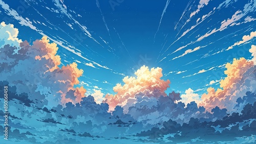 A background with clouds and sun in the center with an anime drawing style An anime background of a vast blue cloud scene. photo
