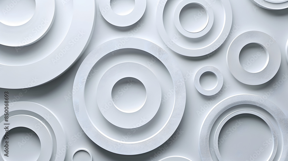 Concentric random rotated white rings or circles background wallpaper banner flat lay top view from above with copy space Concentric random rotated white rings or circles background wallpaper banner flat lay top view from above with copy space