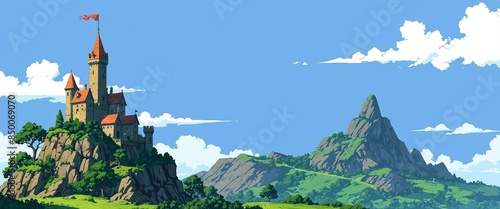 2d pixel art of medieval castle on the hill , blue sky on green landscape, concept game art , 16 bit ,32 bit. photo