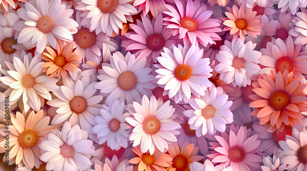 A close up of many pink and white daisies. A close up of many pink and white daisies.