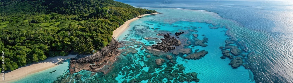 Aerial view of a tropical beach with white sand, crystal-clear turquoise water, and lush green forest. Perfect vacation or travel destination. Aerial view of a tropical beach with white sand, crystal-clear turquoise water, and lush green forest. Perfect vacation or travel destination.