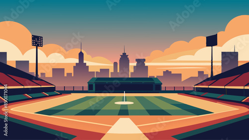 A baseball field, adorned with a magnificent stadium and a mesmerizing cityscape as its backdrop.