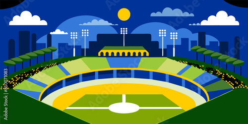 A baseball field, adorned with a magnificent stadium and a mesmerizing cityscape as its backdrop.