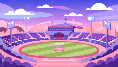 A baseball field, adorned with a magnificent stadium and a mesmerizing cityscape as its backdrop.