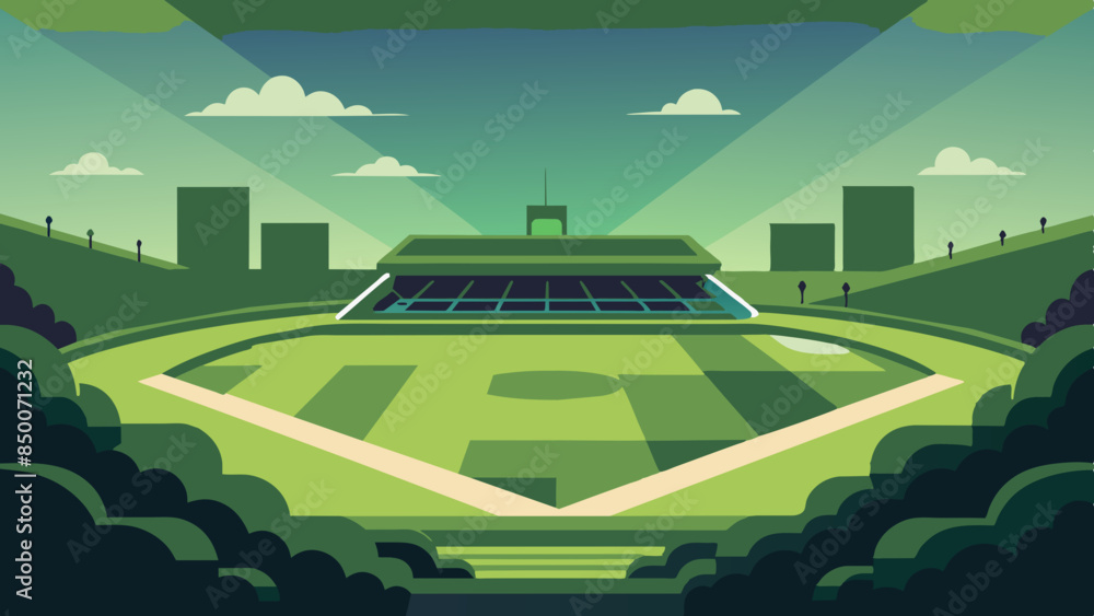 A baseball field, adorned with a magnificent stadium and a mesmerizing cityscape as its backdrop. A baseball field, adorned with a magnificent stadium and a mesmerizing cityscape as its backdrop.
