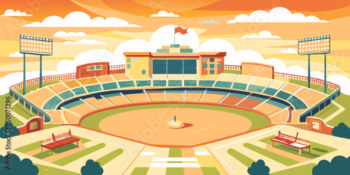 A baseball field, adorned with a magnificent stadium and a mesmerizing cityscape as its backdrop.