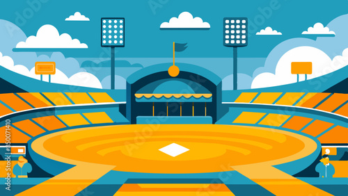 A baseball field, adorned with a magnificent stadium and a mesmerizing cityscape as its backdrop.