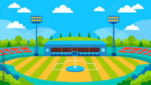 A baseball field, adorned with a magnificent stadium and a mesmerizing cityscape as its backdrop.