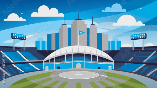 A baseball field, adorned with a magnificent stadium and a mesmerizing cityscape as its backdrop.