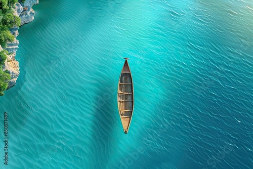 Aerial view of a lone canoe floating on turquoise water, surrounded by lush greenery. Serene and tranquil setting captured from above. © Jiraporn