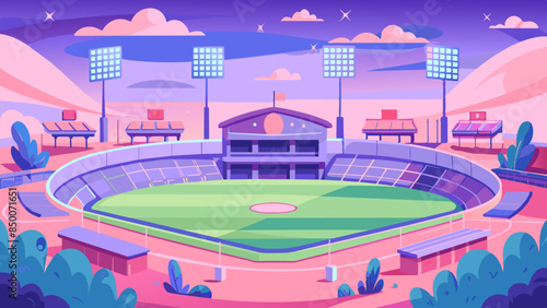 A baseball field, adorned with a magnificent stadium and a mesmerizing cityscape as its backdrop.