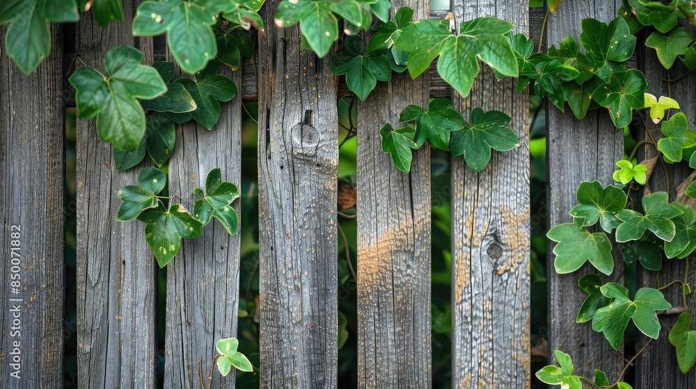Close-up of a leafy vine climbing a wooden fence Close-up of a leafy vine climbing a wooden fence