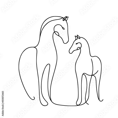 simple outline vector single line drawing of a horse and foal standing next to each other, close, doodle, continuous black lines on a white background