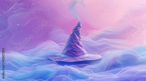 Realistic wizards hat and robe with celestial pastel background and copy space for text.