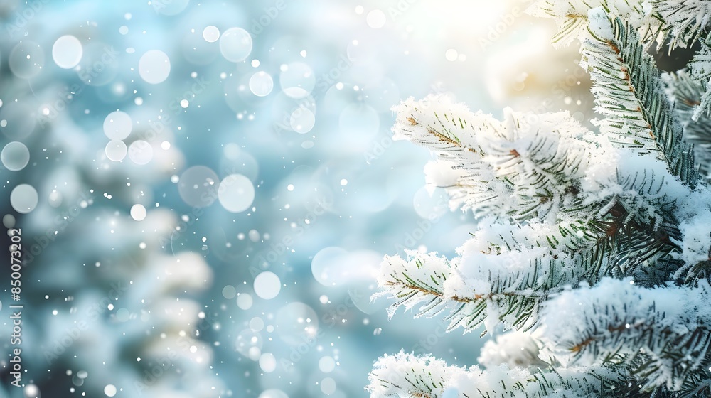 Snowfall on Christmas pine leaves during winter Snowfall on Christmas pine leaves during winter