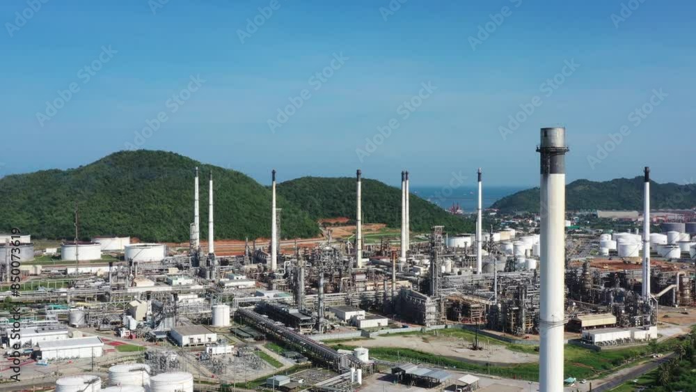 Aerial view of industrial estate and petrochemical oil refinery daytime. Oil and gas tanks with pipelines on the plant (factory).Industrial area Some plants and industrial buildings near the sea.