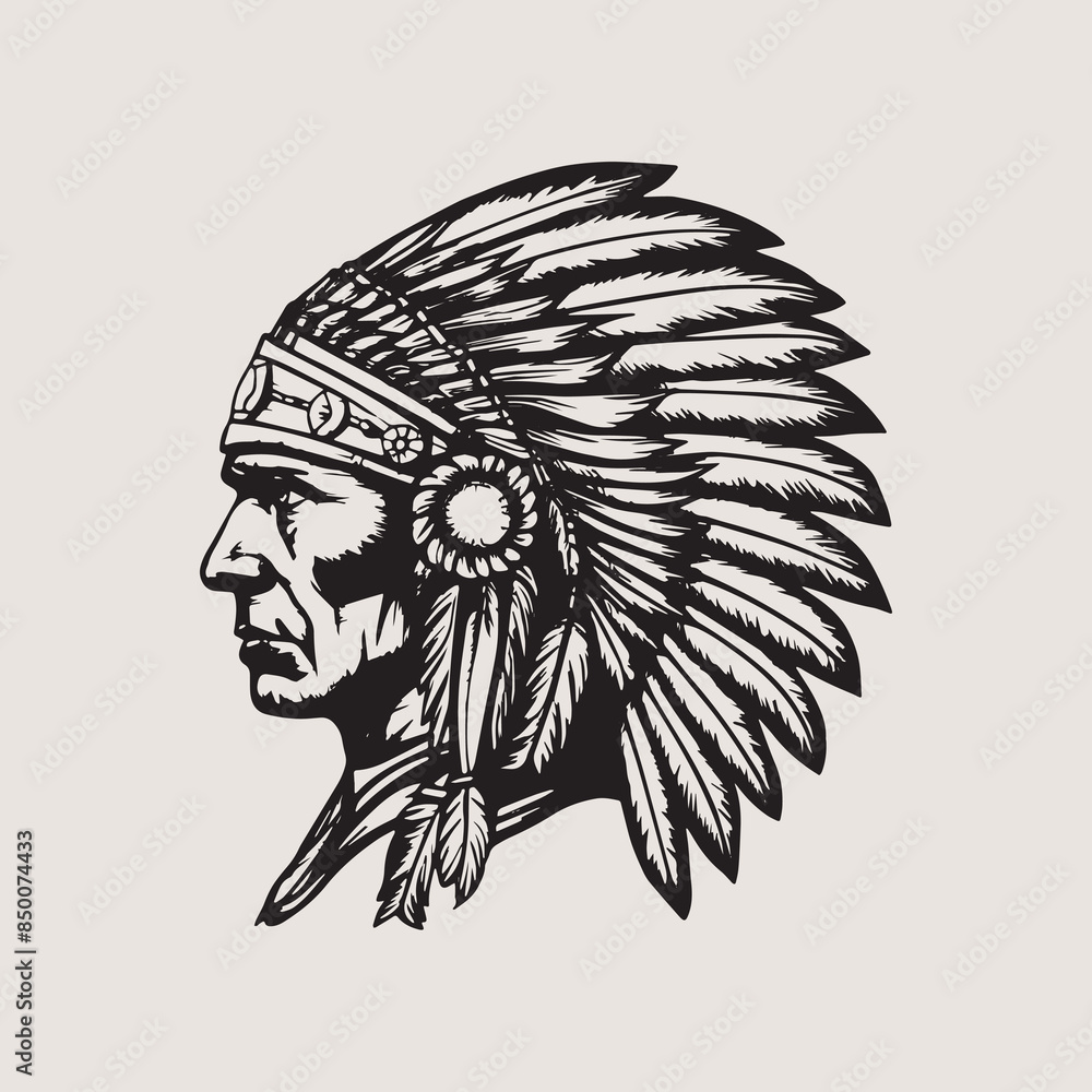 Native American indian leader portrait. Black white illustration