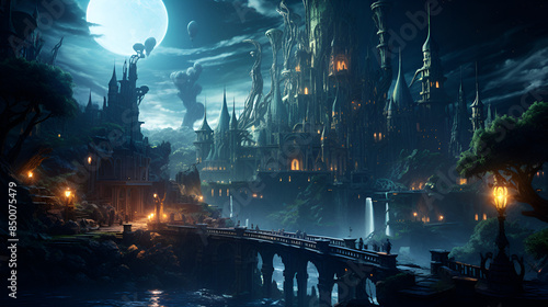 A mesmerizing fantasy city illuminated by vibrant lights during the night, creating a magical ambiance.