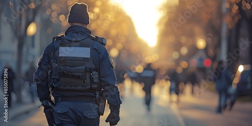 Police officer ensuring public safety and preventing harm while on duty. Concept Law Enforcement, Public Safety, Crime Prevention, Police Work, Community Protection