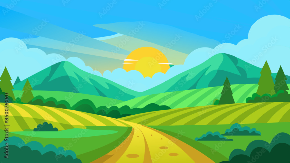 Obraz premium vector illustration of a beautiful summer fields landscape with a dawn, green hills, bright color blue sky
