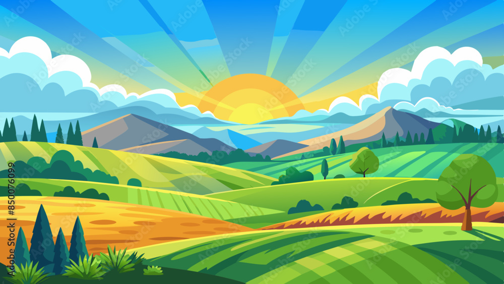 vector illustration of a beautiful summer fields landscape with a dawn, green hills, bright color blue sky