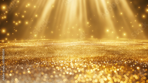 background with bokeh, spotlight on stage, fountain in night, gold glitter on the floor with light beams, golden christmas background, golden stars background, background with stars