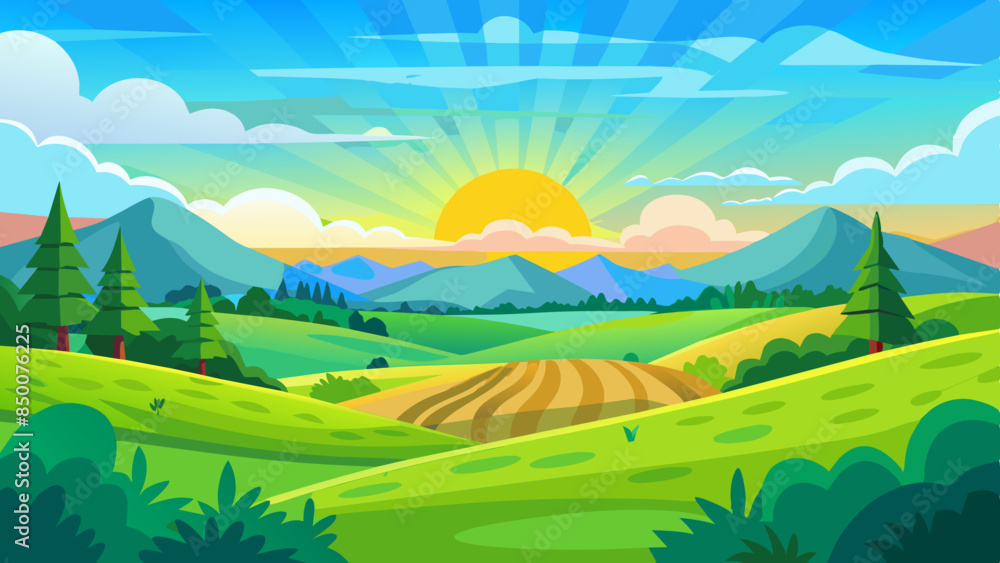 vector illustration of a beautiful summer fields landscape with a dawn, green hills, bright color blue sky vector illustration of a beautiful summer fields landscape with a dawn, green hills, bright color blue sky