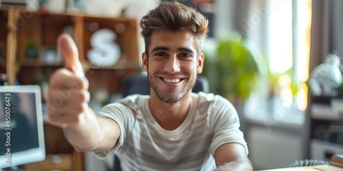A young man shows approval at his office desk. Concept Professional Attitude, Office Environment, Positive Emotions