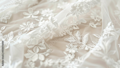 Embroidered White Fabric: Bridal Elegance in Close-Up - Fine Details, Clean Composition - Ample Negative Space - Luxury Wedding Visuals - Stunning Bridal Photography