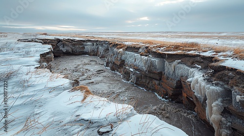 Melting permafrost causing ground subsidence in a tundra region
