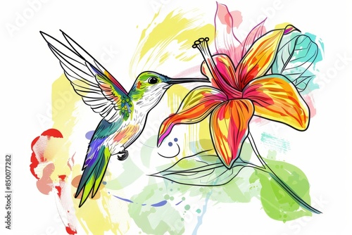 Cartoon cute doodles of a tiny hummingbird sipping nectar from a colorful flower, Generative AI