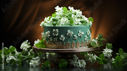 A cake adorned with green leaves and flowers, creating a vibrant and natural aesthetic.