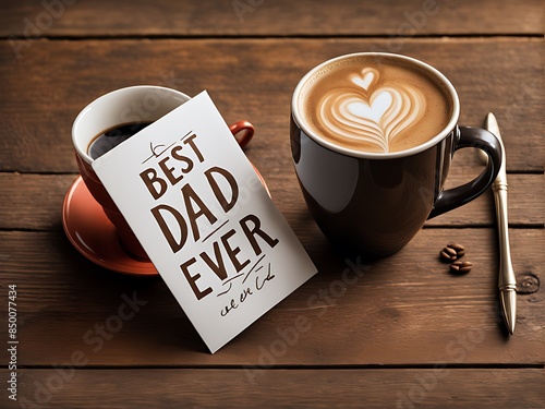 Close-up of Happy Father's Day Best Dad Ever greeting card and coffee mug on the table design perfect for celebrating and honoring fathers photo