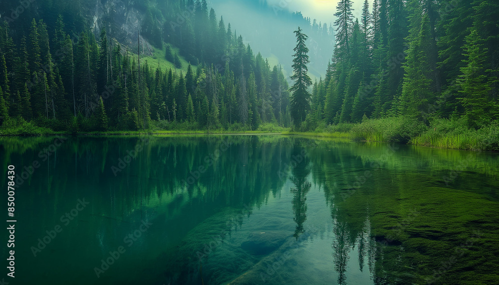 Pristine mountain lake with emerald waters and lush green surroundings, creating a serene and picturesque natural escape Pristine mountain lake with emerald waters and lush green surroundings, creating a serene and picturesque natural escape