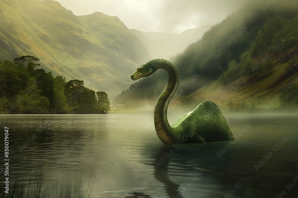 Enigmatic Loch Ness Monster gliding through a misty lake, surrounded by lush green hills, capturing the mystery and beauty of legend Enigmatic Loch Ness Monster gliding through a misty lake, surrounded by lush green hills, capturing the mystery and beauty of legend