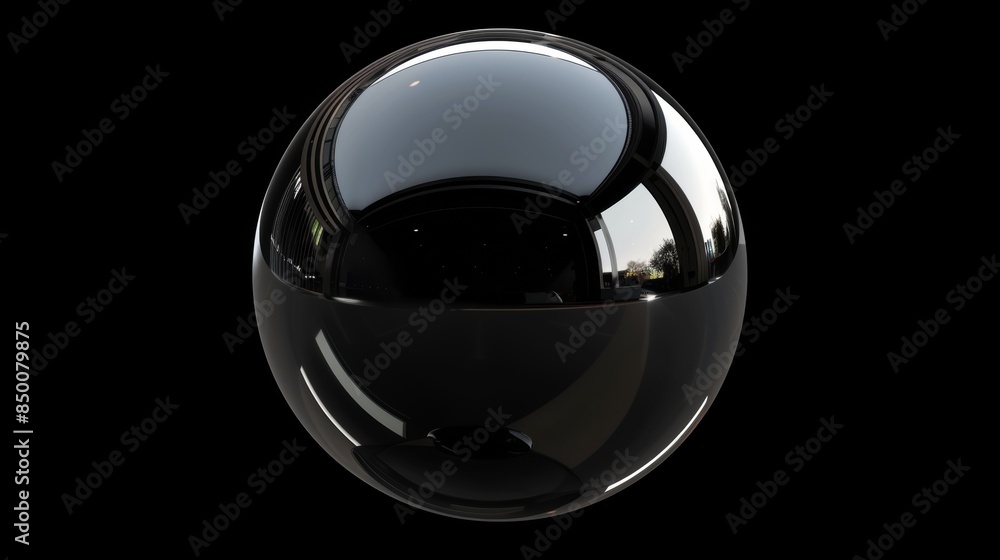 A glossy black sphere with a reflective surface, isolated against a black background, showcasing simplicity and elegance in design.