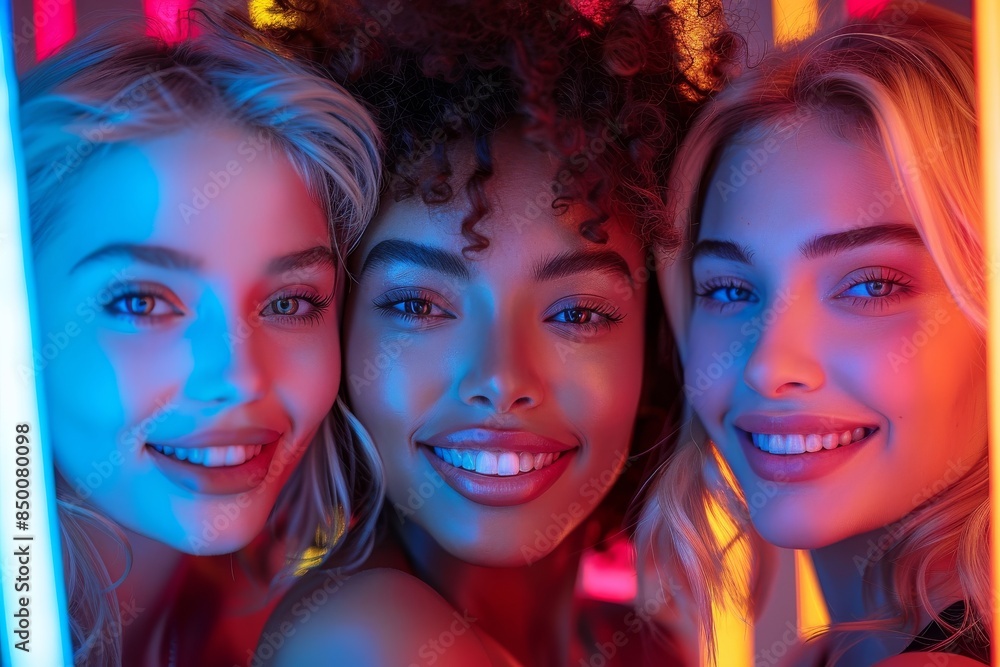 Obraz premium A line of smiling Black women with long hair stands in front of a blue background, enhanced by vibrant spectrum colors and cinematic lighting, with reflections and mirroring effects.