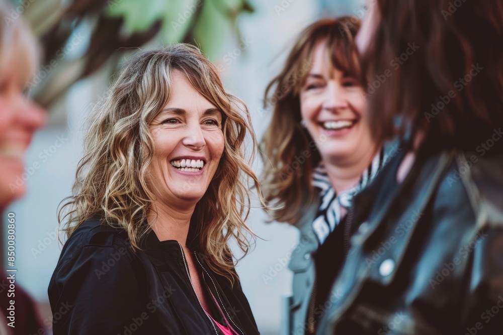 Portrait of a smiling middle aged woman with her friends on the street. Portrait of a smiling middle aged woman with her friends on the street.