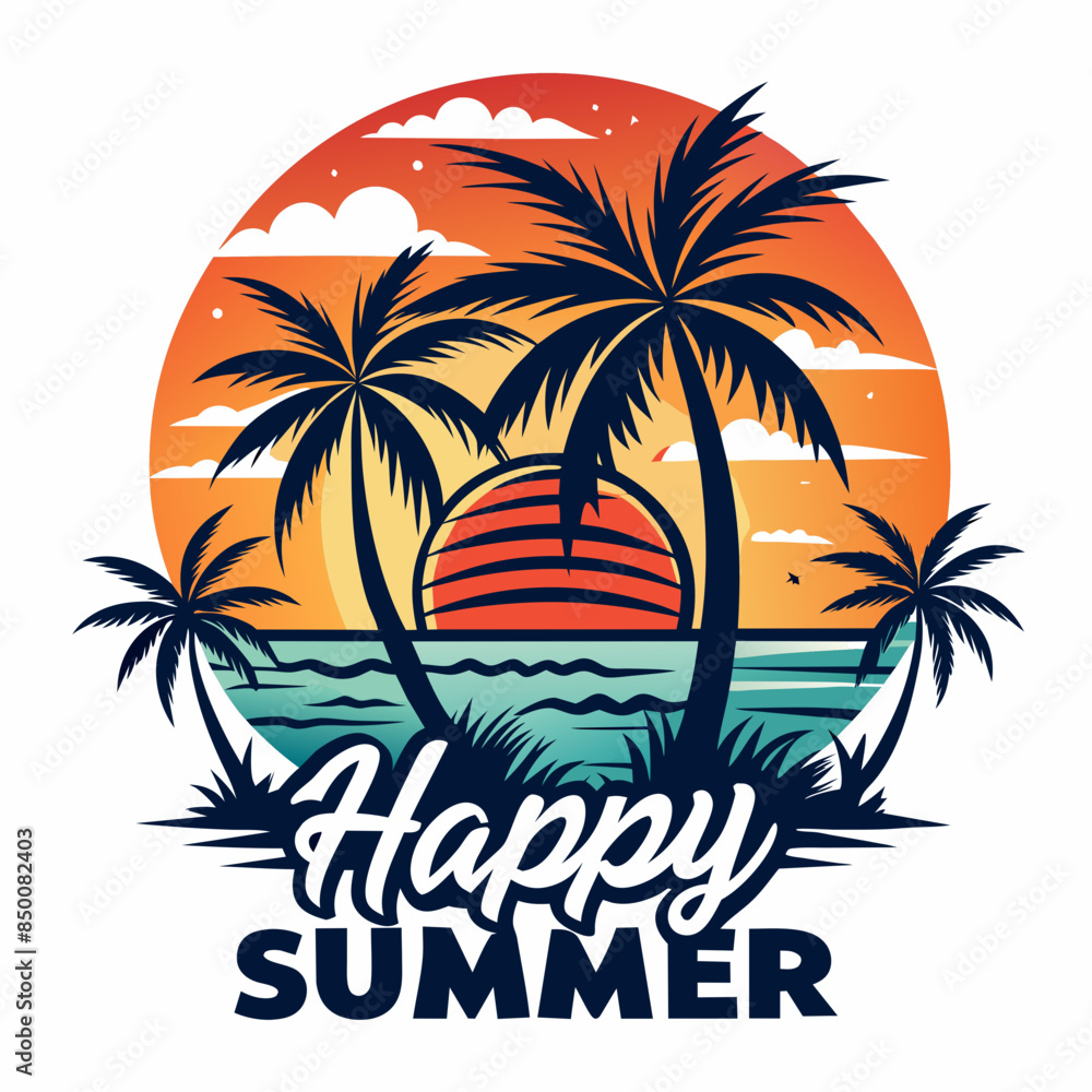 Naklejka premium Vintage retro style happy summer t-shirt design with palm tree, sea beach and sunset