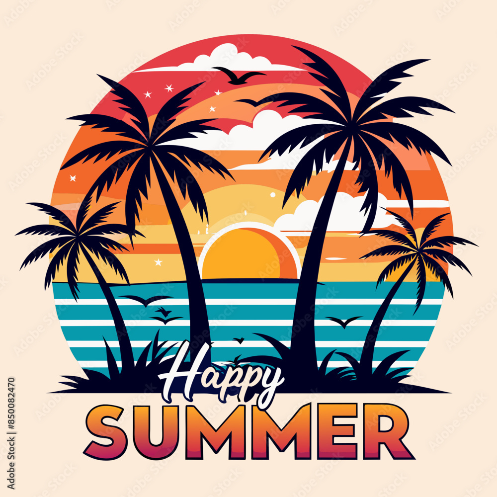 Naklejka premium Vintage retro style happy summer t-shirt design with palm tree, sea beach and sunset