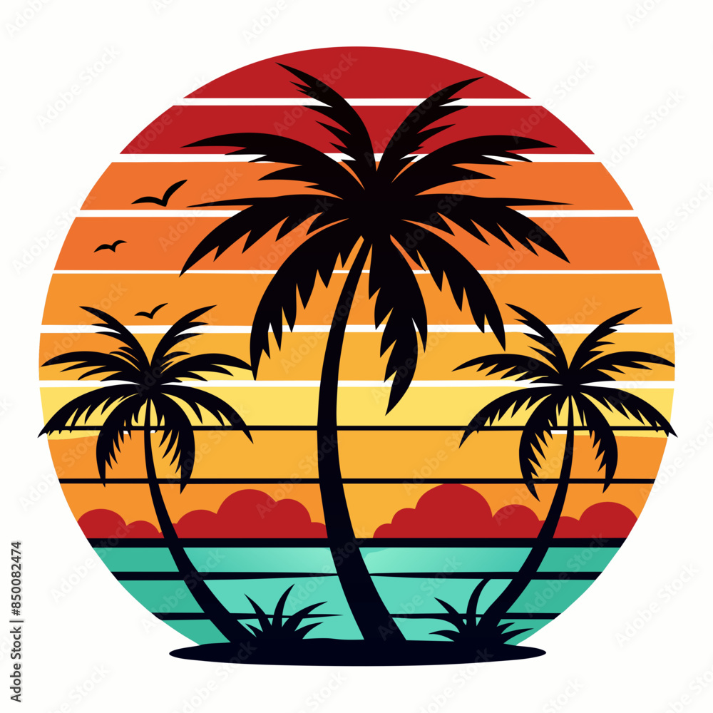 Vintage retro style summer T-shirt design with palm tree, sea beach and sunset